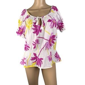 GLORIA VANDERBILT‎ BOHO Lightweight Knit Floral Blouse Shirt Women's Sz M Cotton